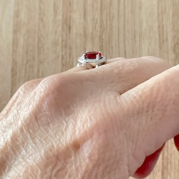 Round Simulated Ruby Halo Ring w/ Looping Split Shank - 925 Sterling Silver - Picture 5 of 5